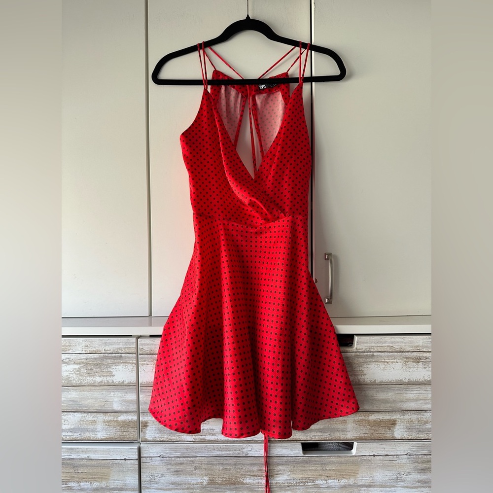 ZARA Red Polka Dot Strappy Dress XS ❤️ Open Back Fit & Flare